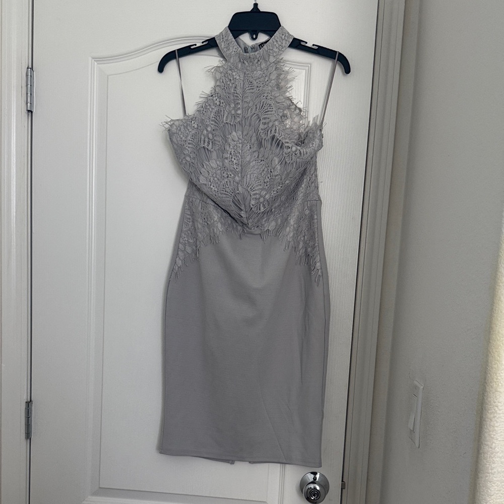 Chic Lace Halter Mini Dress in Gray